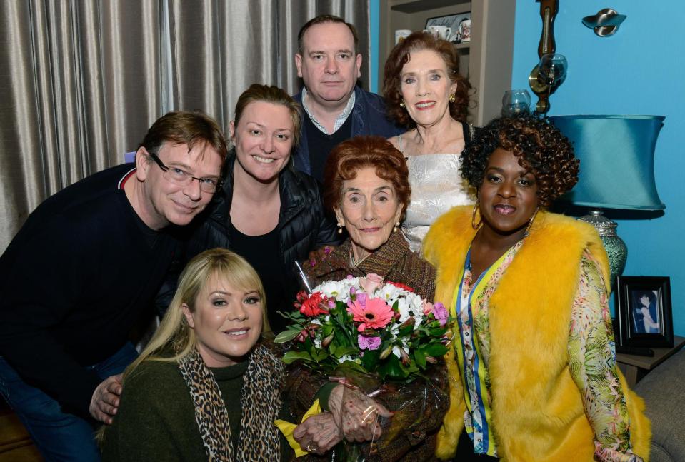 Adam Woodyatt, Letitia Dean, Laurie Brett, Sean O'Connor, Linda Marlowe and Tameka Empson posed with their long-serving co-star 