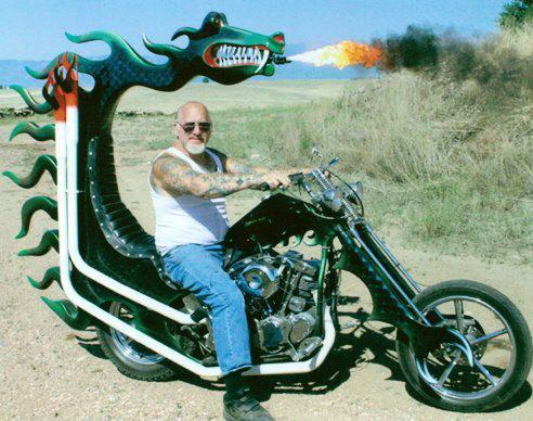  Dragon Man astride his flamethrower-rigged motorbike