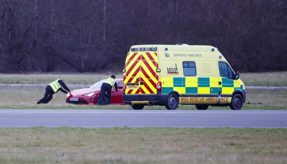  An ambulance was snapped beside the car on set