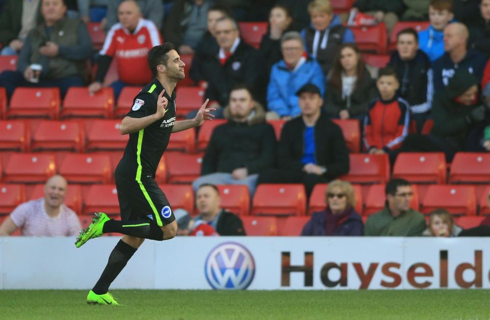 Sam Baldock celebrates scoring the first goal for Brighton this afternoon