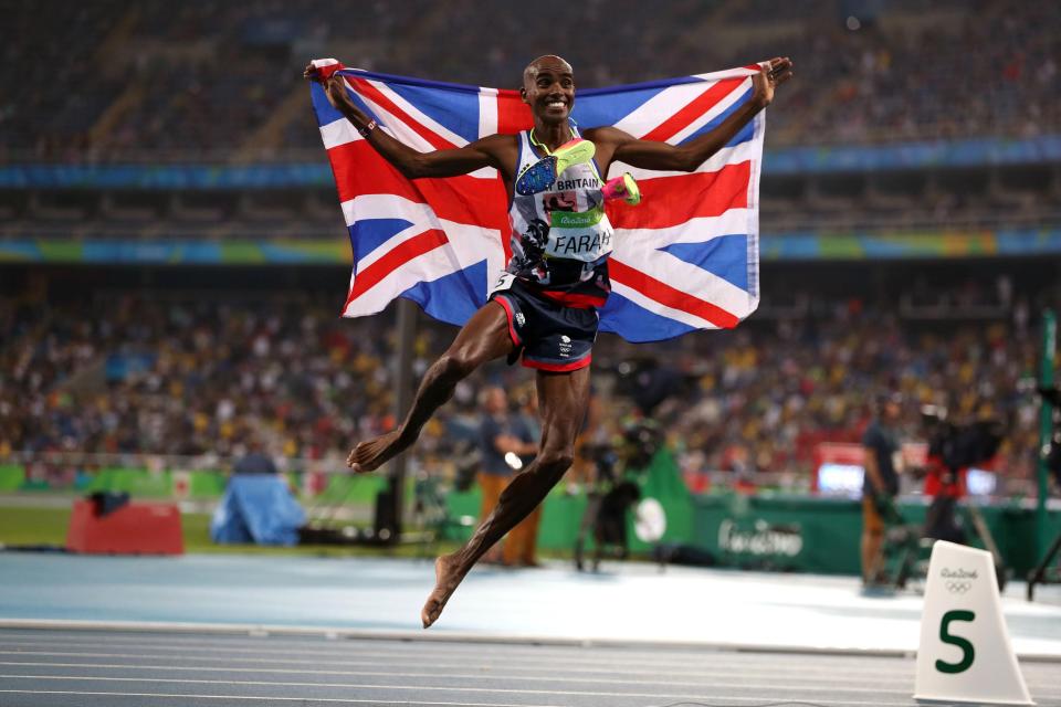 Farah jumps for joy after winning gold at the Rio Olympics