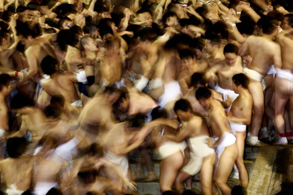  The men battle it out after being purified in a fountain in often freezing temperatures