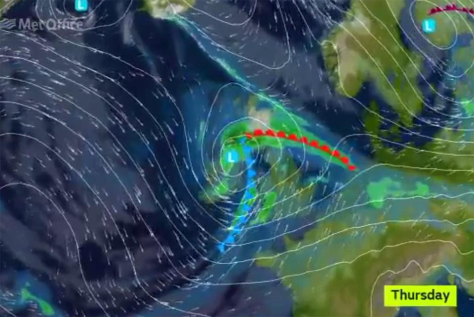  This graphic shows how Storm Doris will pass over the country today - bringing an area of low pressure