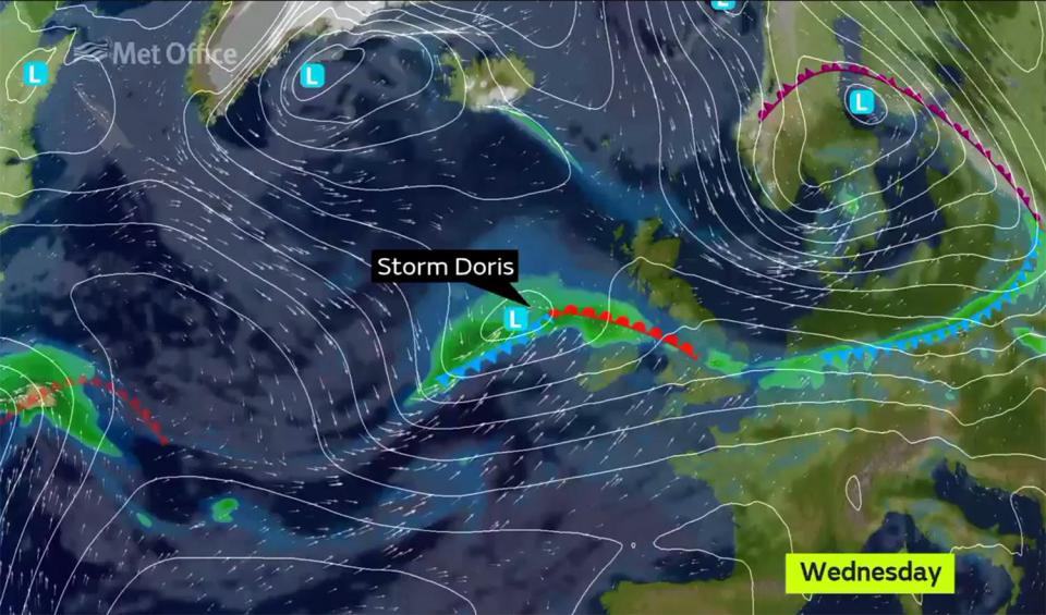  Storm Doris (as shown in this graphic above heading towards the UK) is set to push in from the west - bringing 80mph winds, heavy rain and even snow