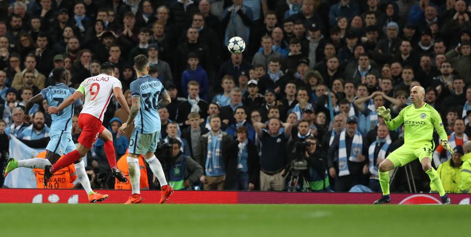 Radamel Fancao clips the ball over Willy Cabellero after making John Stones look out of his depth at this level