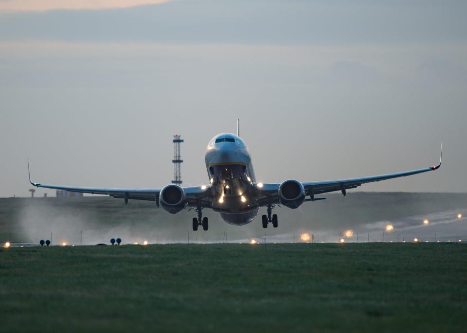  A Ryanair flight takes off for Fuertaventura in strong winds at the airport as Storm Doris is expected to hit