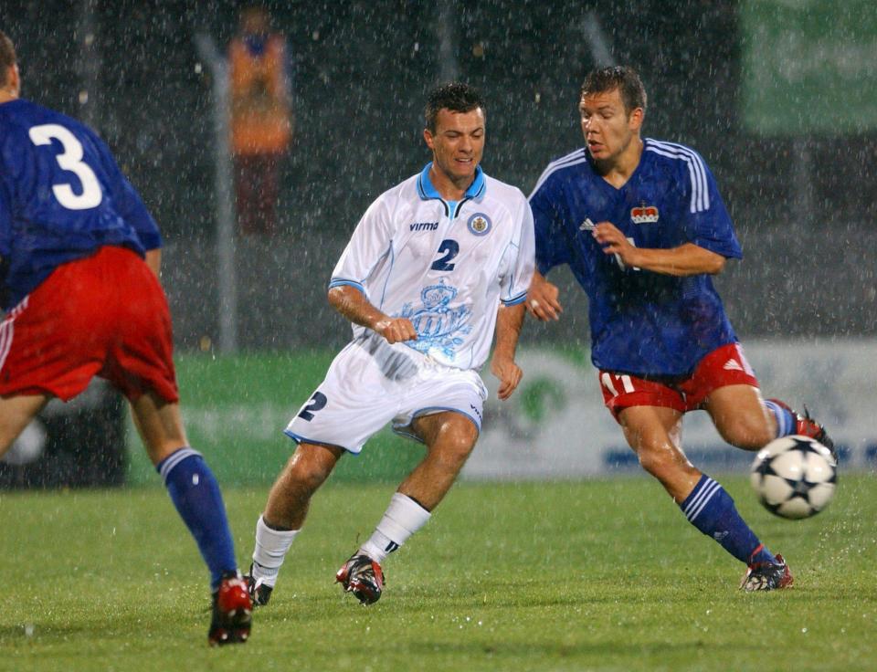 San Marino players in action against Macedonia during only win back in 2004