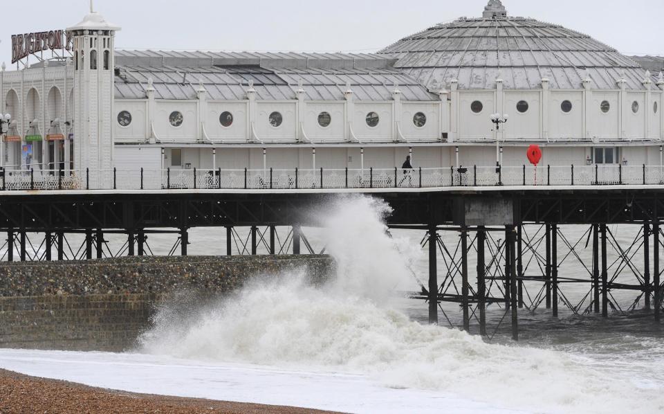  Crashing waves at Brighton pier where strong winds from Storm Doris hit the south of the UK