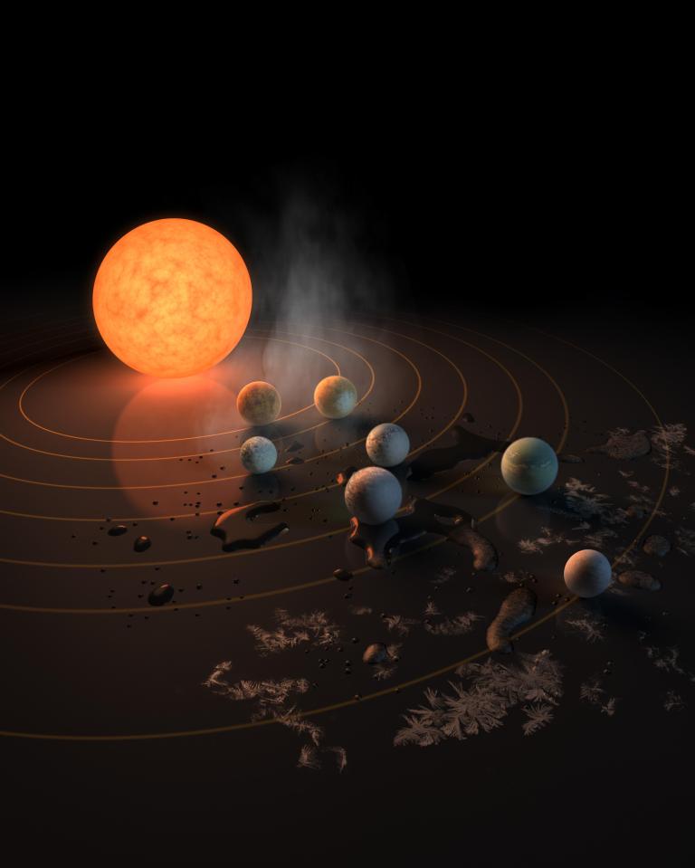  Artist's concept of TRAPPIST-1, an ultra-cool dwarf star, and the seven Earth-size planets orbiting it