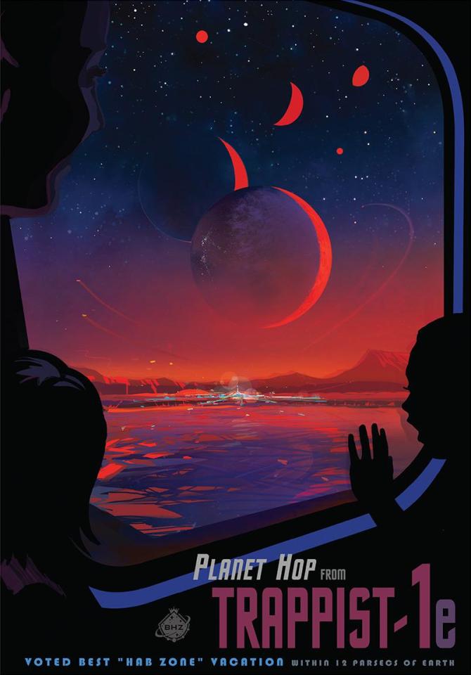  Handout image issued by NASA showing an artist's concept of space tourists visiting the surface of the exoplanet TRAPPIST-1e, one of seven Earth-sized worlds orbiting a cool dwarf star known as TRAPPIST-1