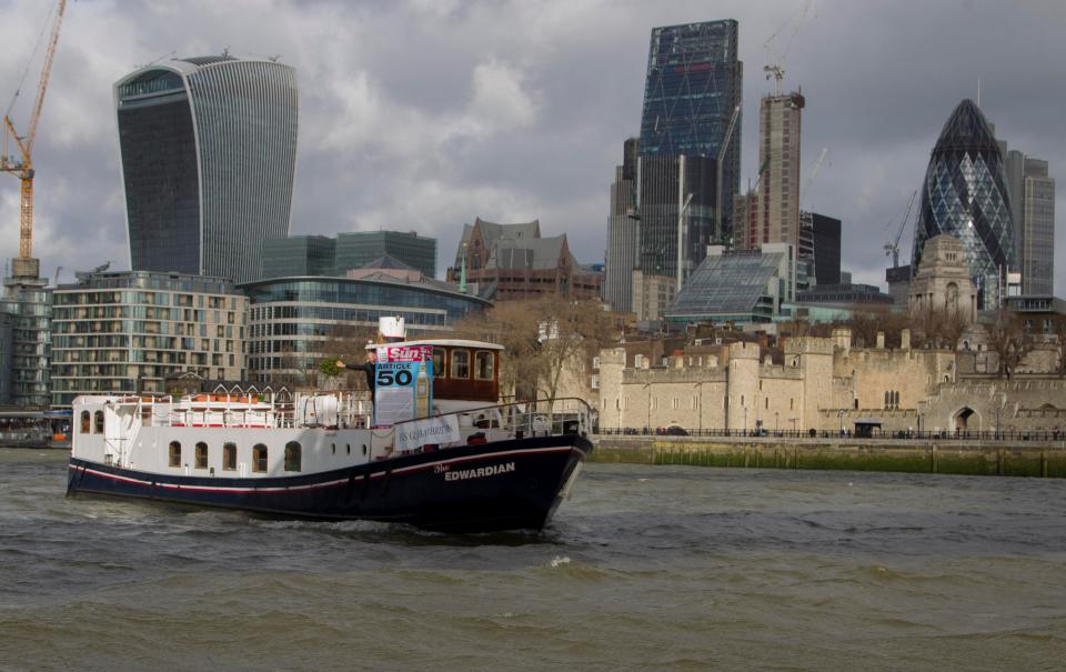  The boat cruises down the River Thames as it heads for Brussels