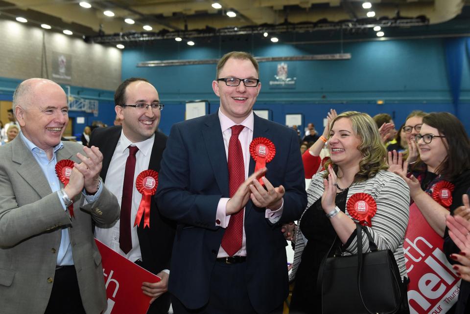  Labour candidate Gareth Snell celebrates with his wife Sophia (right) after winning the Stoke-on-Trent Central by-election at Fenton Manor Sports Complex in Stoke