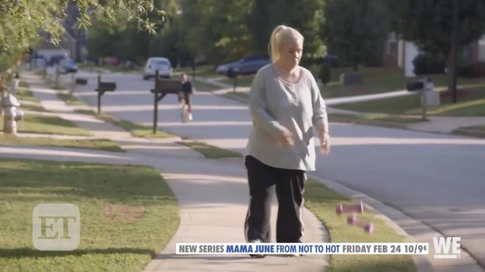  She is force off of the sofa and in to the streets as she starts exercising even when she doesn't want to