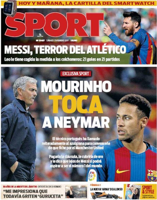  The front cover of Spanish newspaper SPORT, with the Mourinho and Neymar story leading.