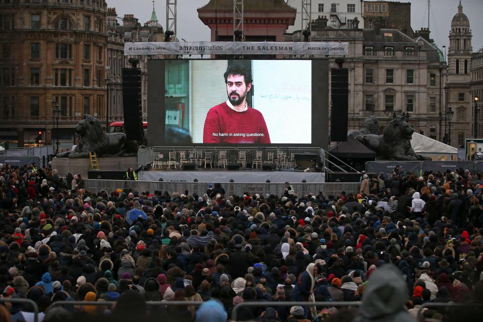  Hundreds have turned out in Trafalgar Square for the free screening, showing their support for the Iranian director