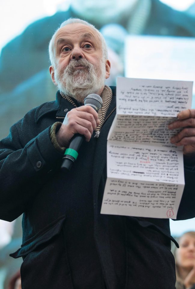  British writer and director Mike Leigh addresses the crowd as thousands gather to watch a free screening and UK premier of Iranian film The Salesman