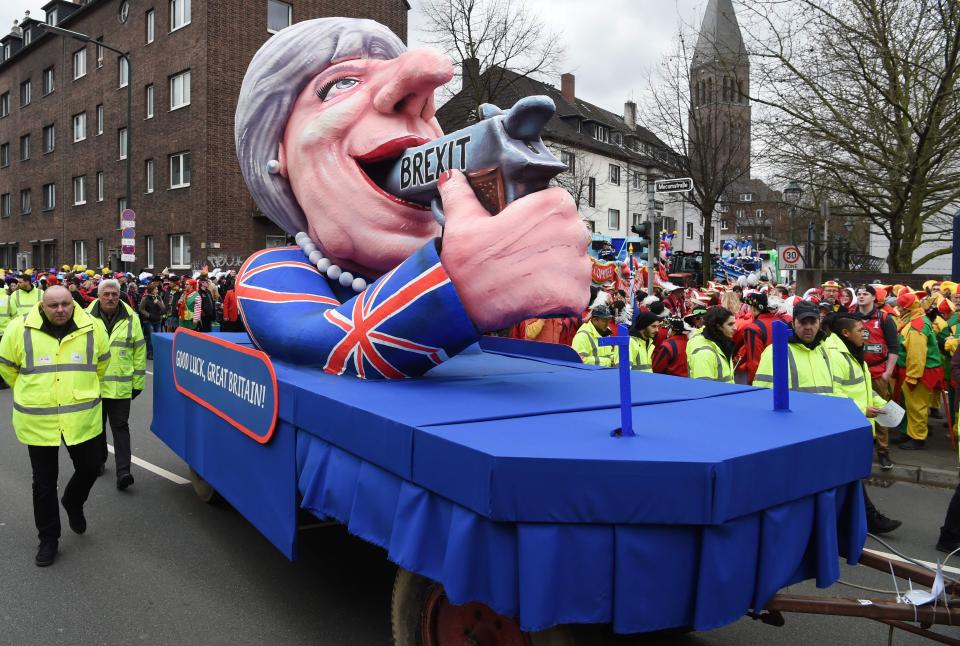  A carnival float depicting Theresa May in the traditional Rose Monday carnival parade in Dusseldorf