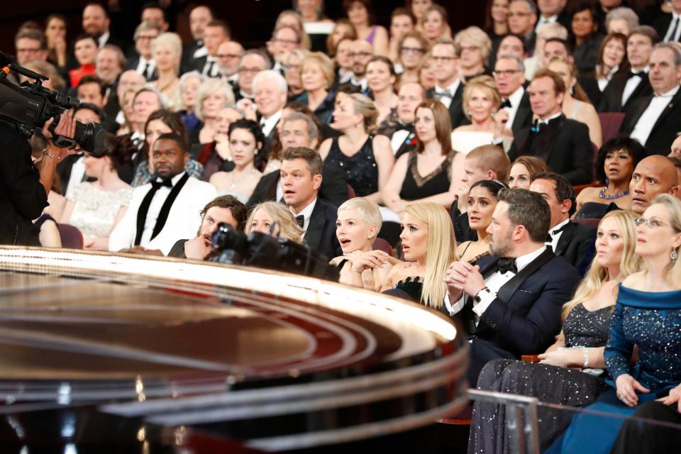  Ben Affleck, Matt Damon, Meryl Streep, Michelle Williams and The Rock were among those gobsmacked by the epic Oscars blunder