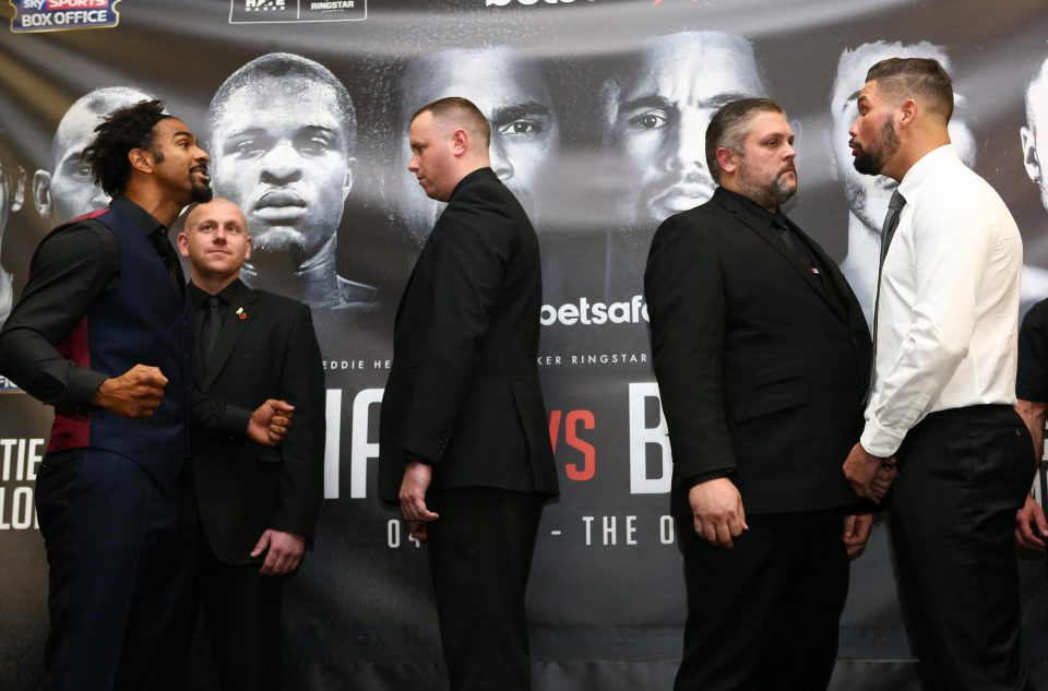  David Haye and Tony Bellew had to be separated by a couple of security guards during their pre-fight press conference in Liverpool