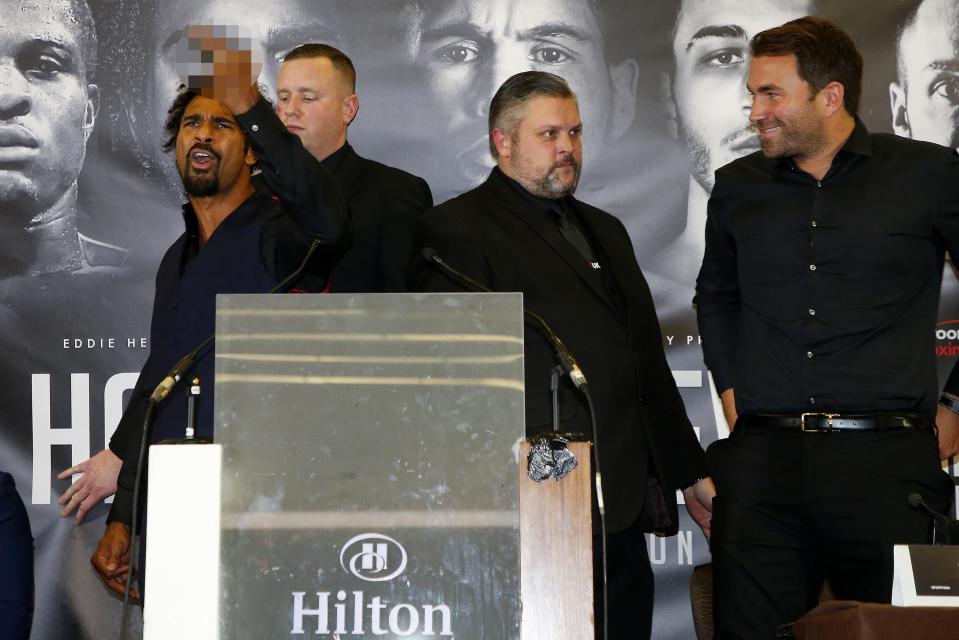  Haye put his middle finger up to the crowd  in a press conference at the first fight - and called them 'all f***ing r****ds'