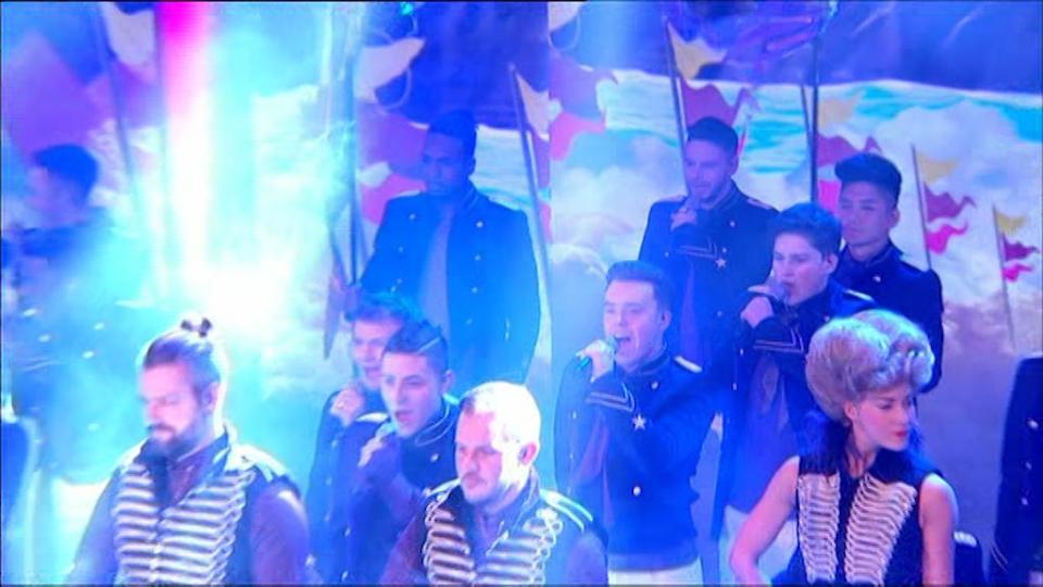  Take That were joined by the Let It Shine contestants and a giant backing drumming band