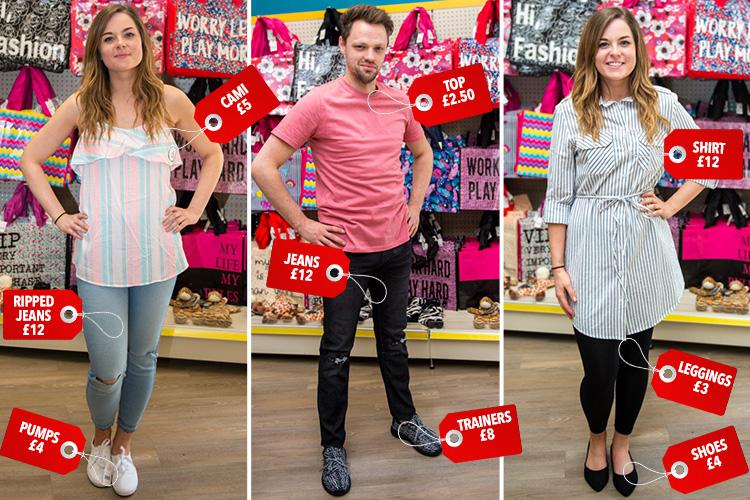  Sun's Gemma Mullins wears (left) cami top (£5), ripped jeans (£12) and pumps (£4) and (right) shirt dress (£12), leggings (£3) and shoes (£4.) Pep&Co's Josh Robbin's wears top (£2.50), jeans (£12) and trainers (£8).