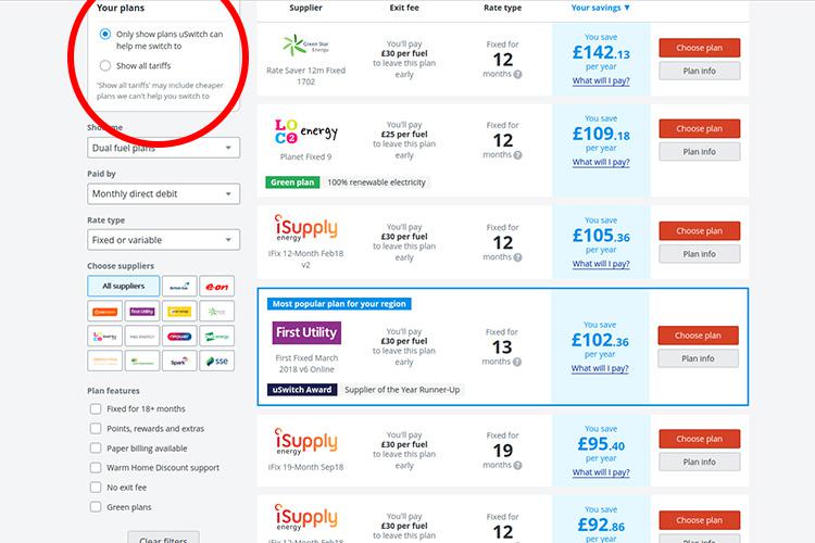  This is the screen that users automatically see when comparing tariffs on uSwitch.com