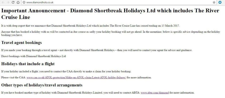  The Diamond Holidays website now has information about what holidaymakers should do, if they are affected