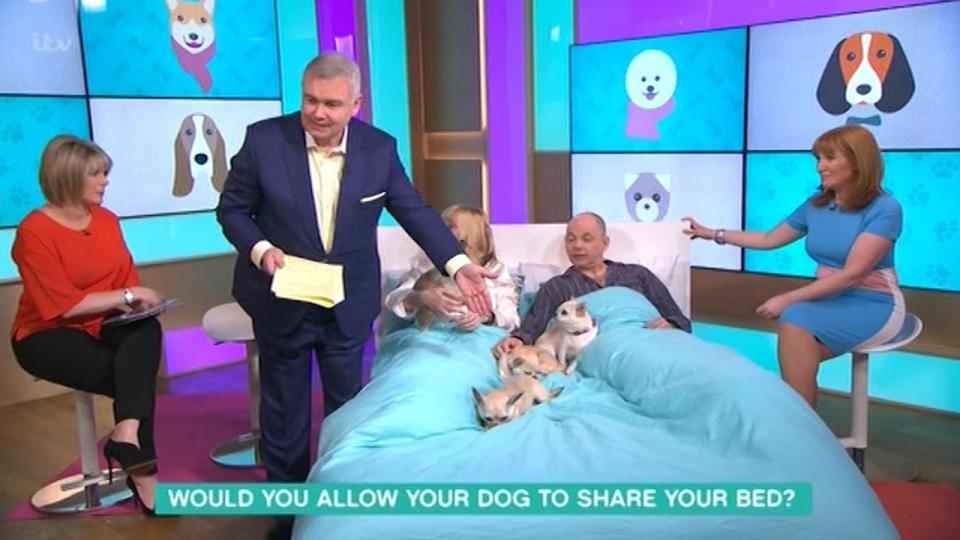  The host held up the soiled sheet and asked the cameraman to get a close up as the dog's owners, husband and wife Ray and Phil, chuckled in their pyjamas