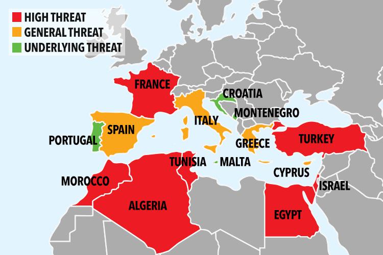 Safety levels for holiday spots around the Mediterranean