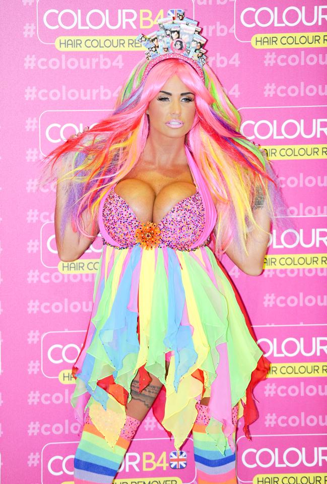  Va va voom . . . Katie Price strikes a pose in multicoloured dress