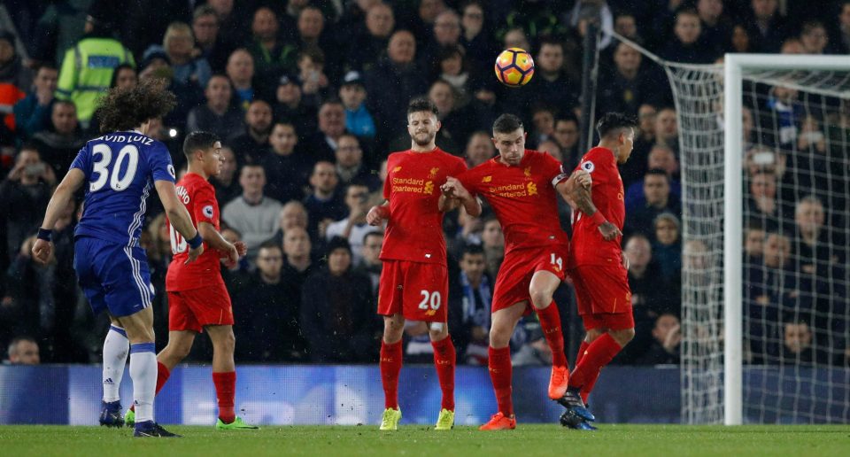  David Luiz nets a free-kick v Liverpool but Courtois feels he could do the same