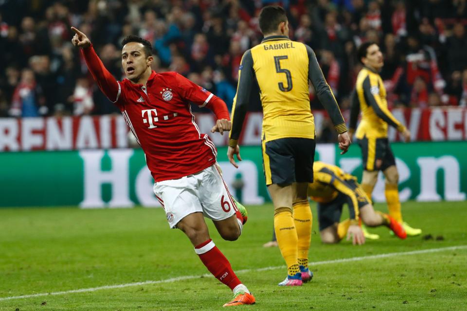  Thiago Alcantara scored twice as Bayern Munich beat Arsenal 5-1 at home