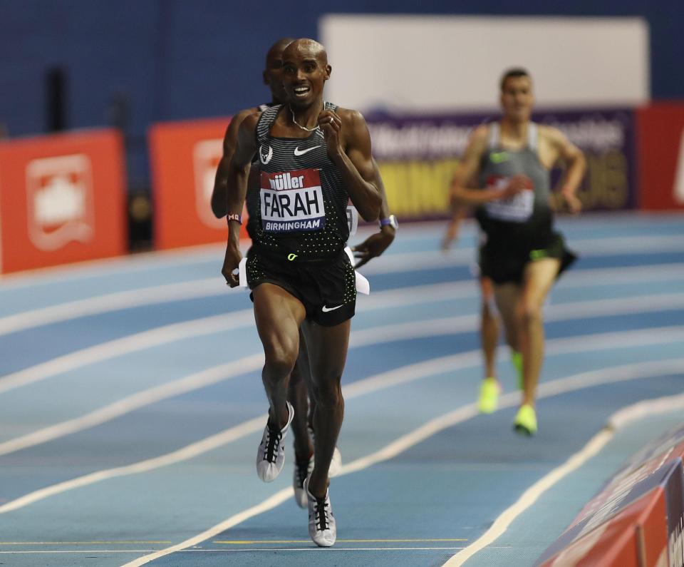 Mo Farah won a 5,000 metres indoor race in Birmingham recently