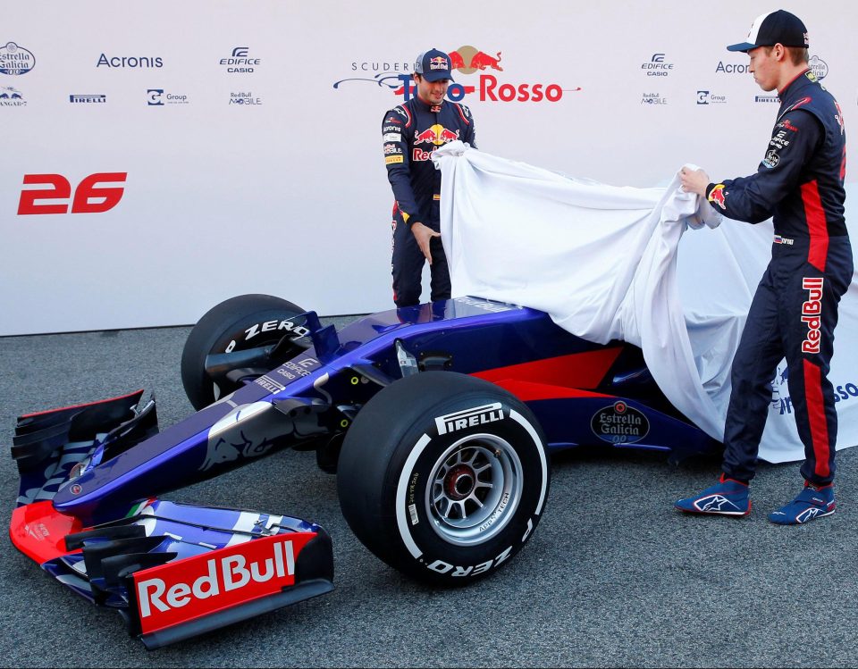 Toro Rosso drivers Daniil Kvyat and Carlos Sainz unveil the new STR12 racing car