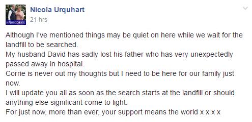  Nicola posted the message about her father-in-laws death on Facebook as the search for her son continues