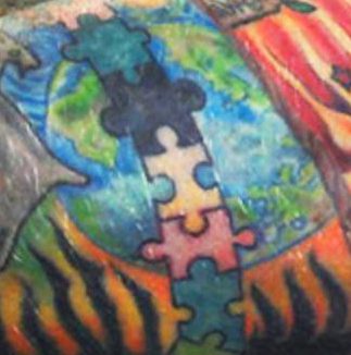  A JIGSAW of life, each piece represents a mate who has it inked on their own arm. The empty one is for Ed’s future wife.