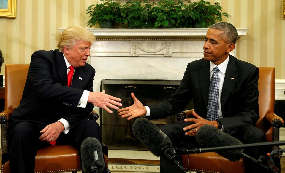  Trump and Obama shared an awkward handshake when the two met for the first time prior to the Republican's inauguration on January 20