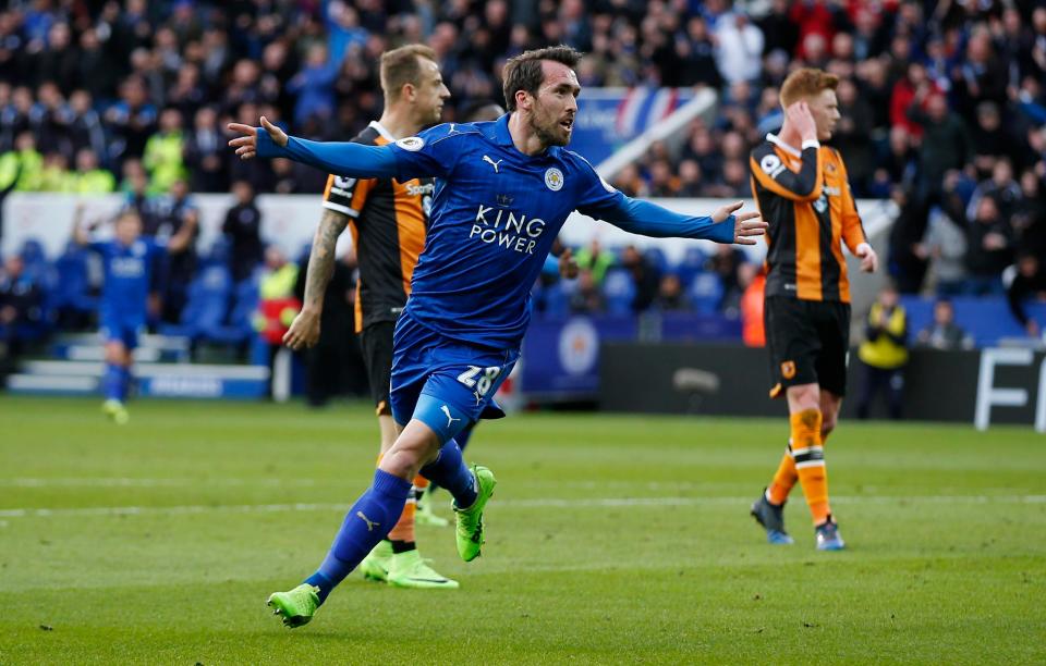 Christian Fuchs celebrates after levelling the score against Hull