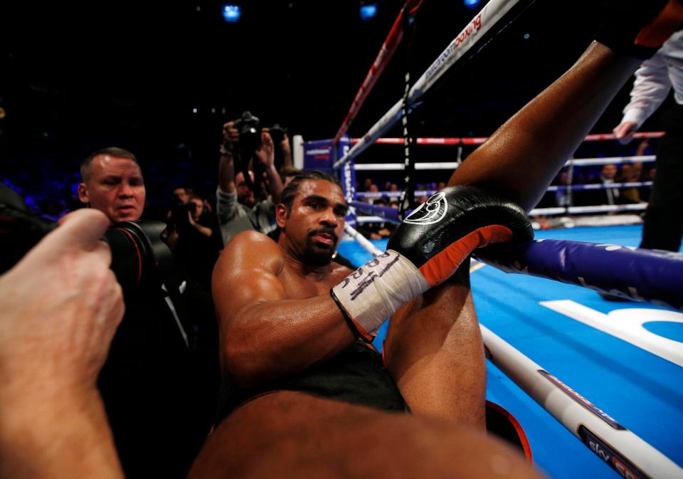  Haye went crashing through the ropes in the 11th before his corner threw in the towel