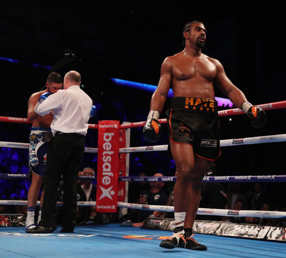  Haye was injured in the sixth round, and was left fighting on one leg for the remainder