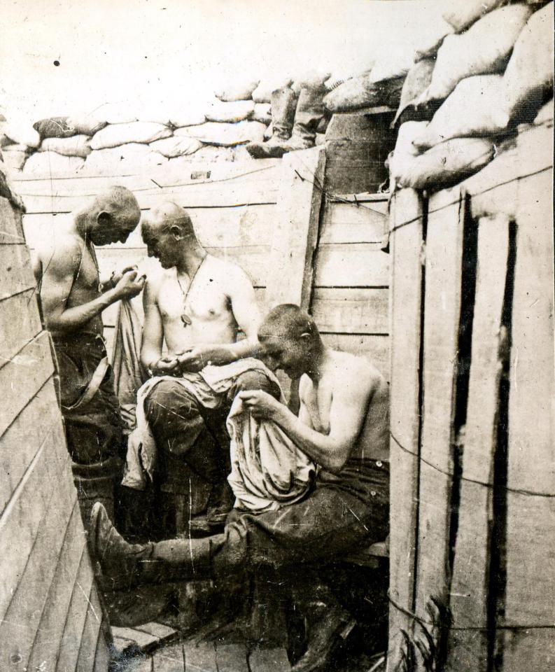  Soldiers check their clothes for fleas as they hunker down in a trench