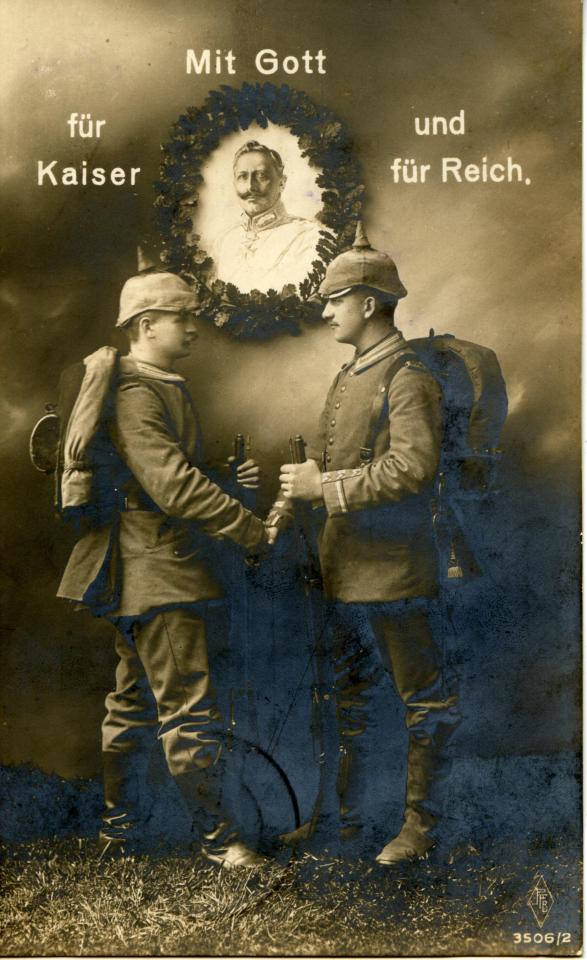  A postcard show two German soldiers shaking hands under the slogan With God for Emperor and Empire