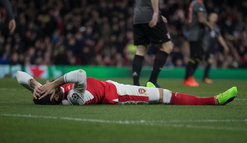 Olivier Giroud is flat out after Arsenal were thrashed again