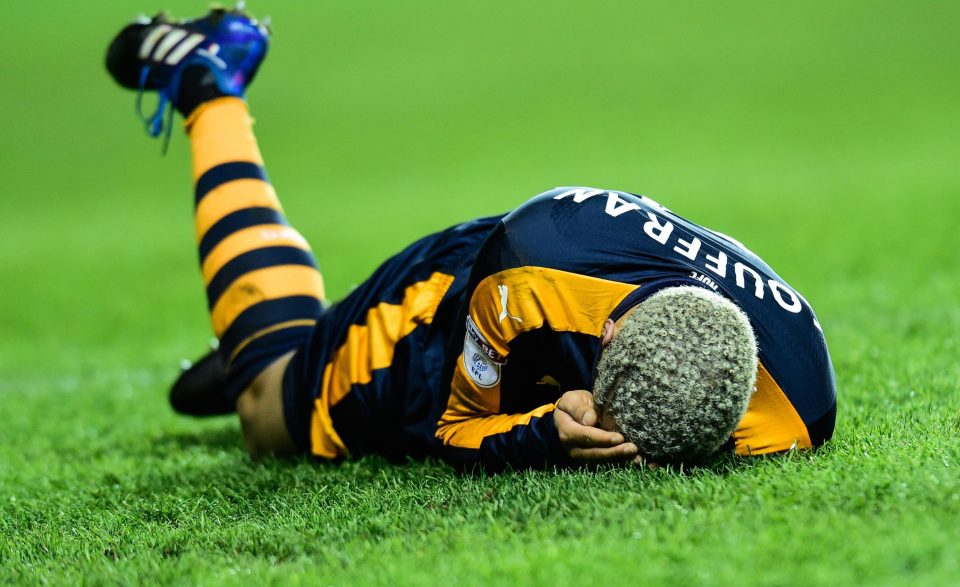 Newcastles Yoan Gouffran goes down injured on the pitch during the Championship clash