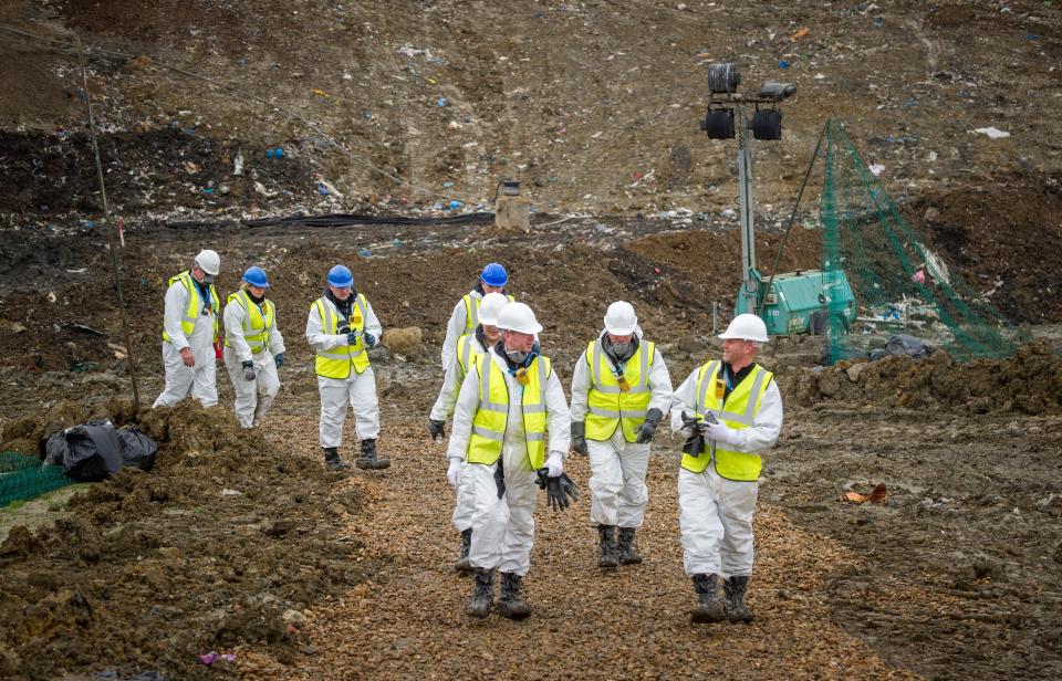  Search teams are working round the clock to trawl the rubbish where Corrie's body is expected to be found