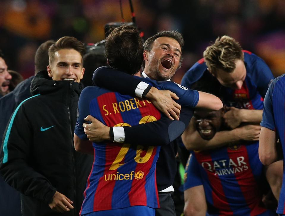 The Barca hero Sergi Roberto receives a well-deserved hug from his manager Luis Enrique after bagging the late winner