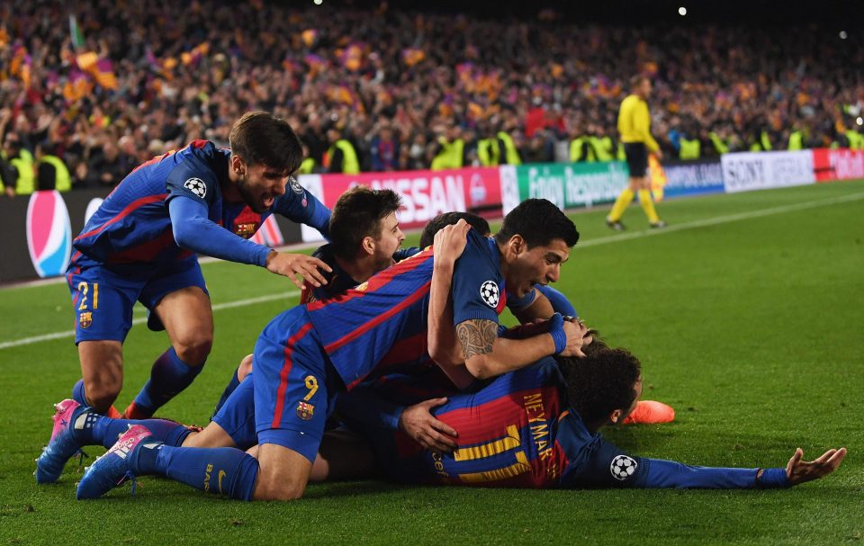 The Barcelona players celebrate capping off the best comeback in Champions League history