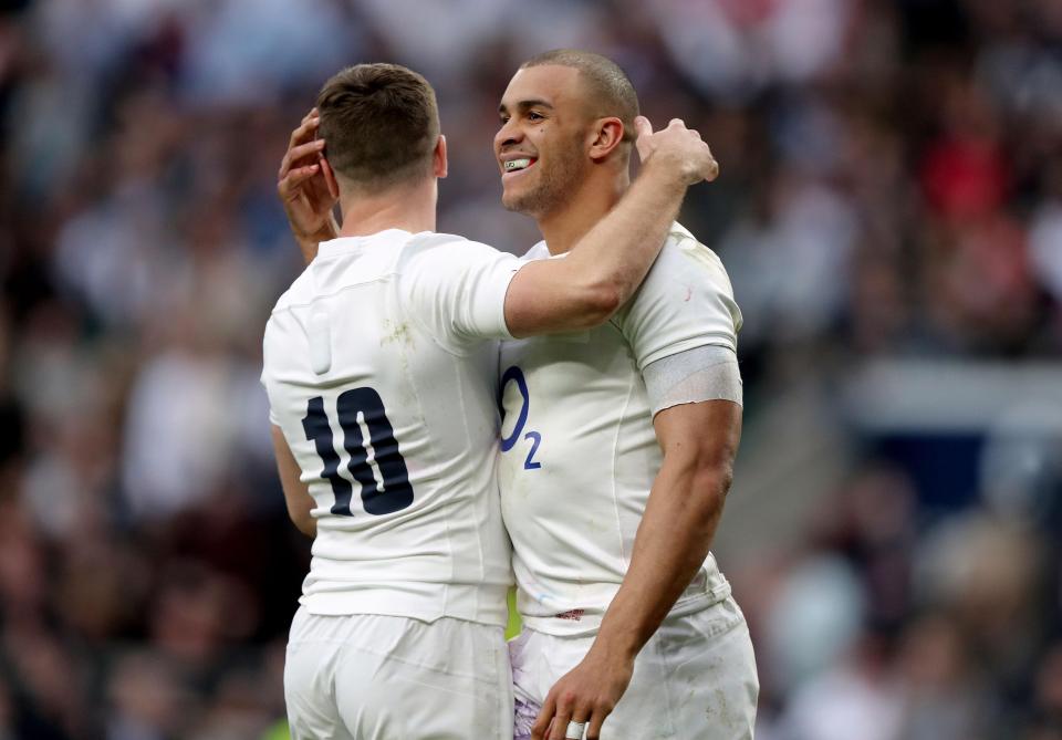 The hat-trick hero is joined for a celebration by George Ford as England began to stretch clear