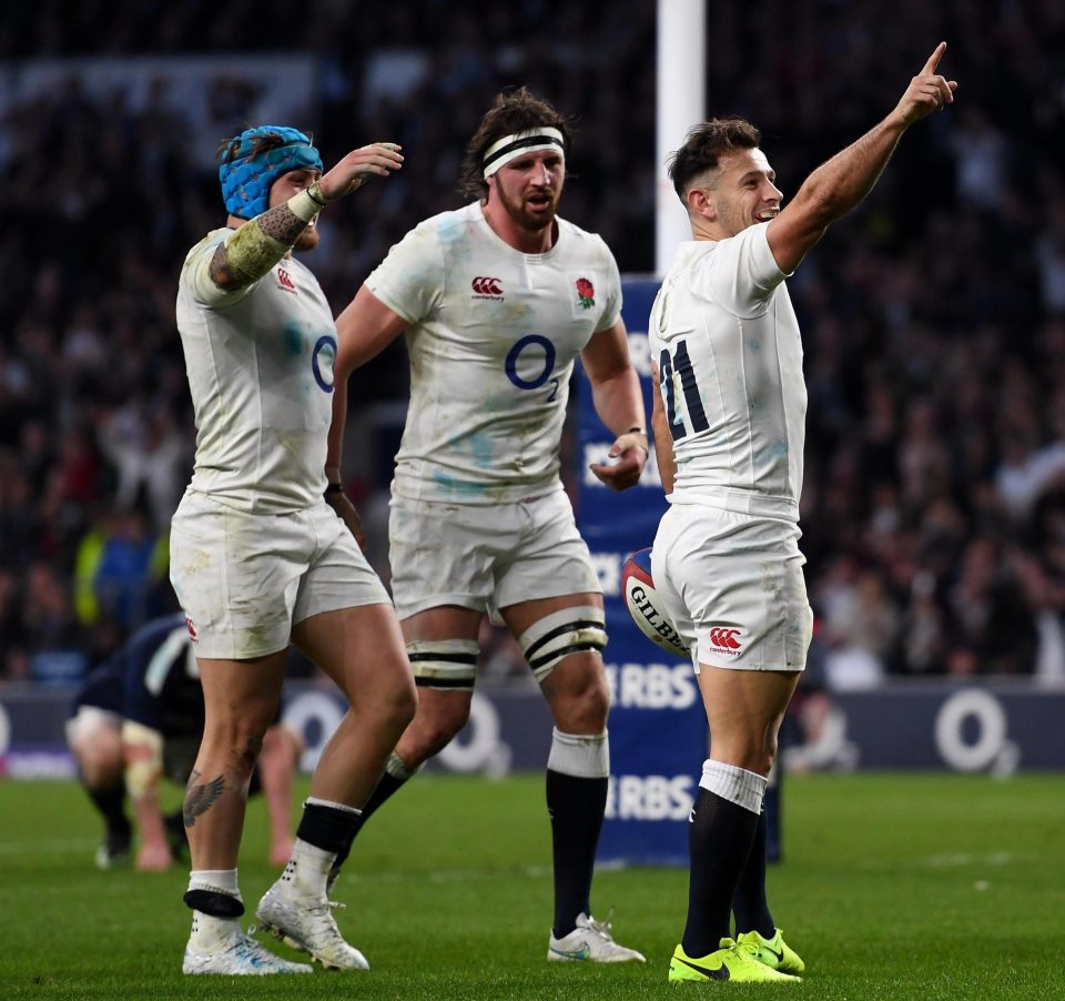 Danny Care of England celebrates scoring his sides seventh try with Tom Wood of England and Jack Nowell